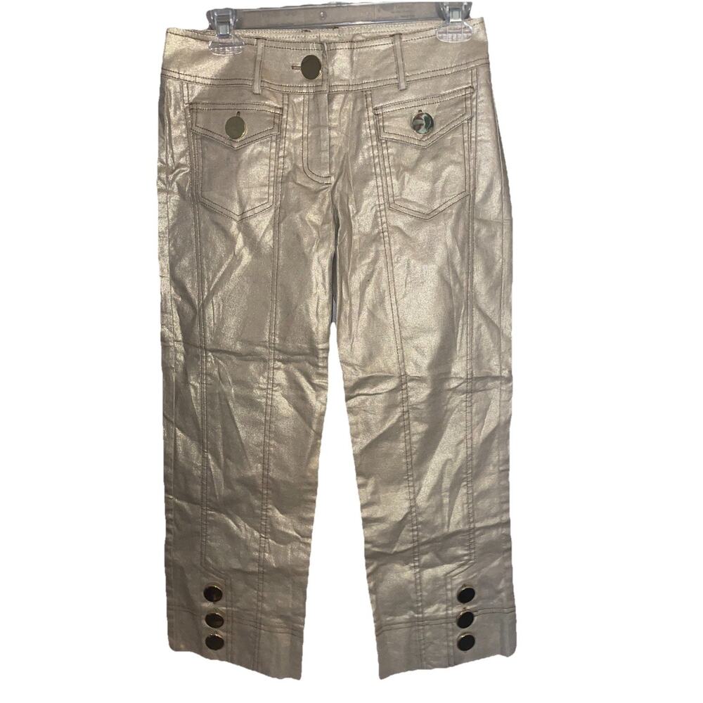 Y2K Cache Linen Cotton Blend Gold Sparkle Pants Size 2 Gold Button Legs